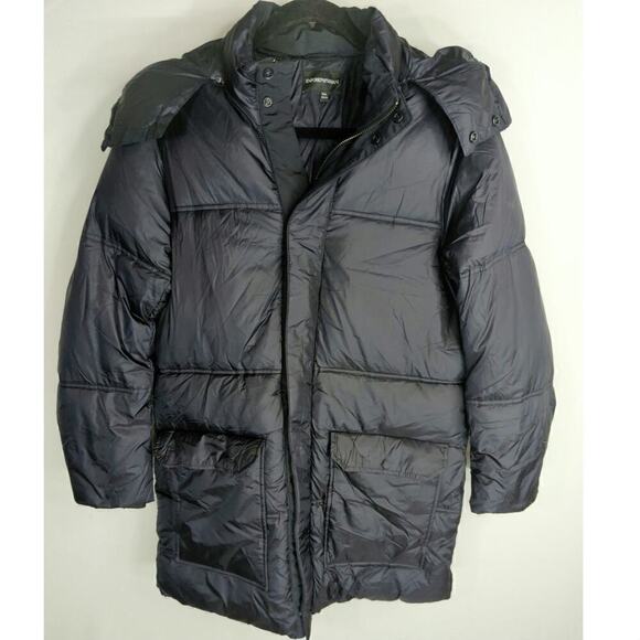 Emporio Armani Women's Detachable Zipper Hoody Puffer Jackets Navy Blue Size L